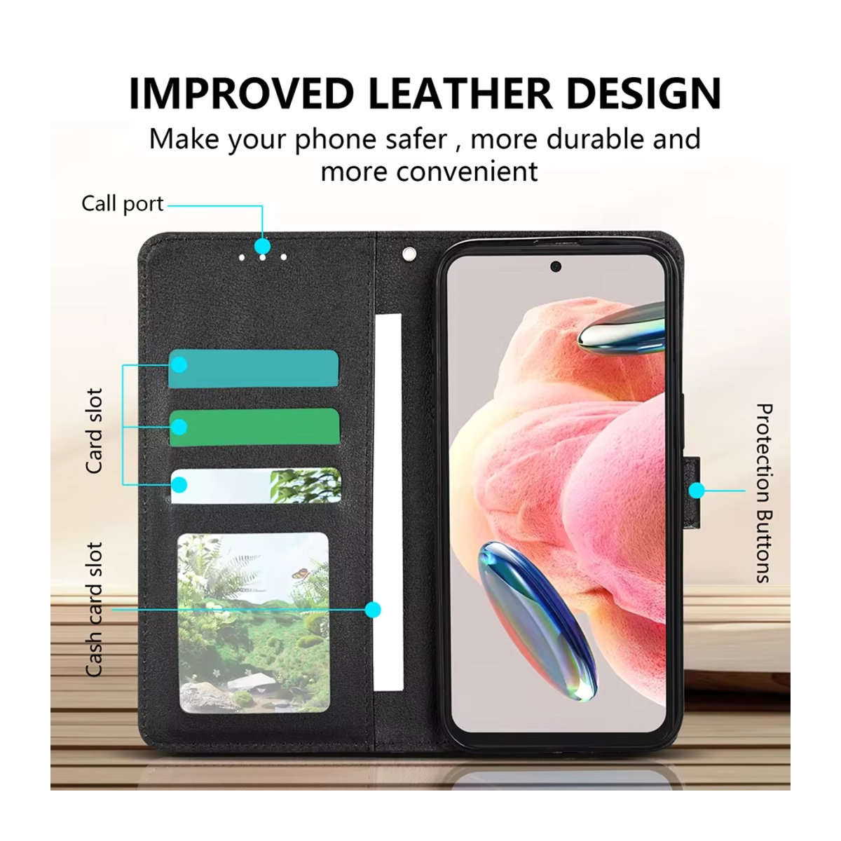 Cacash Magnetische Flip-Ledertasche mit Kartensteckplatz und Fotorahmen-Ständer für Xiaomi Redmi Note 14 Pro+ 13 12S 11 10 9 Pro 8T 7 in Rot oder Schwarz - Bild 2