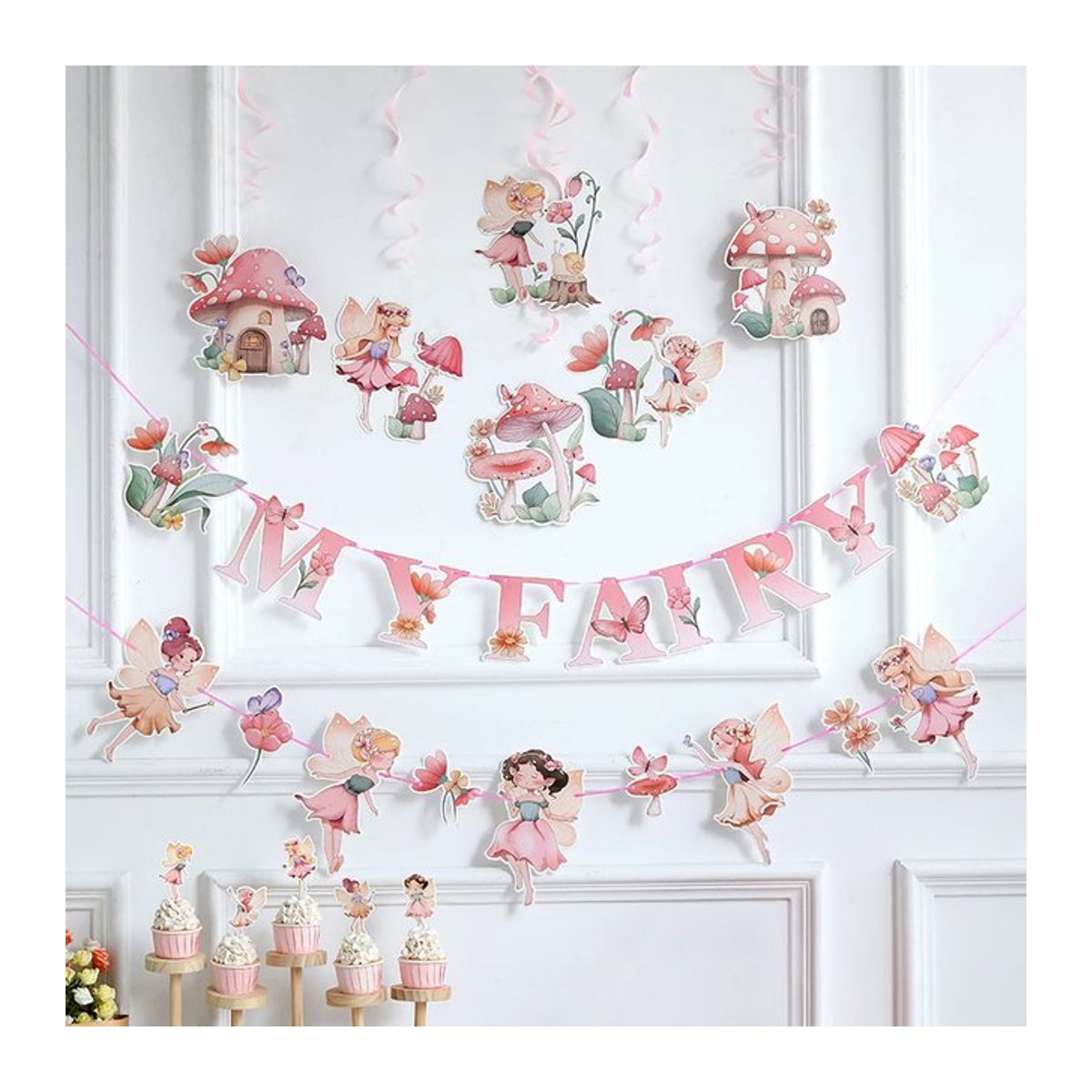 Cakedeco Girlande aus Papier mit Blumen, Fee und Schmetterlingen in Rosa für Baby- und Geburtstagsfeiern - Bild 1