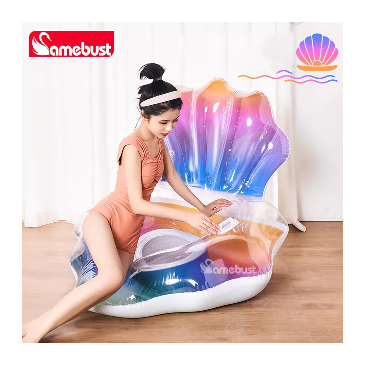 Camebust Aufblasbare Muschel Schwimmmatratze aus PVC mit Griffen für Pool und Schwimmbad - Bild 2