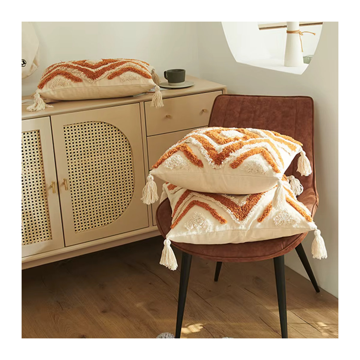 CANIRICA Kissenbezug aus Baumwolle mit geometrischem Design und Quasten in Orange - Bild 5