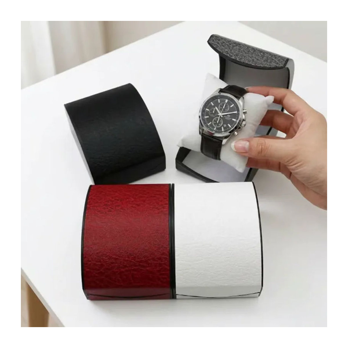 CAOWTAN Uhren-Geschenkbox aus PU-Leder und Flanell für Herren, Schmuckaufbewahrung und Organizer, B/T/H: 10,5 x 8 x 5,8 cm, Grau und Blau - Bild 4