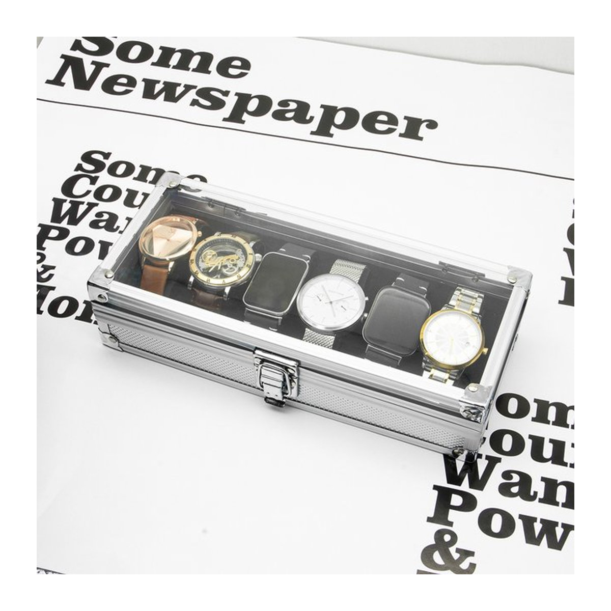CAOWTAN Uhrenbox aus Aluminium in Silber mit 12 Gitterfächern und Wildleder-Inlay - Bild 1