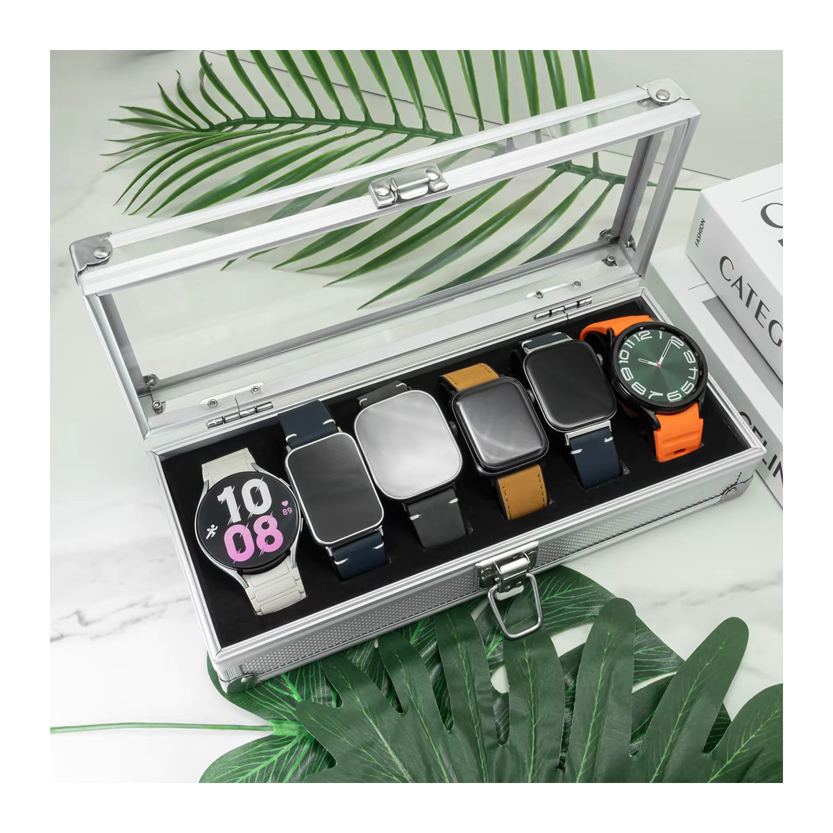 CAOWTAN Uhrenbox aus Aluminium in Silber mit 12 Gitterfächern und Wildleder-Inlay - Bild 2