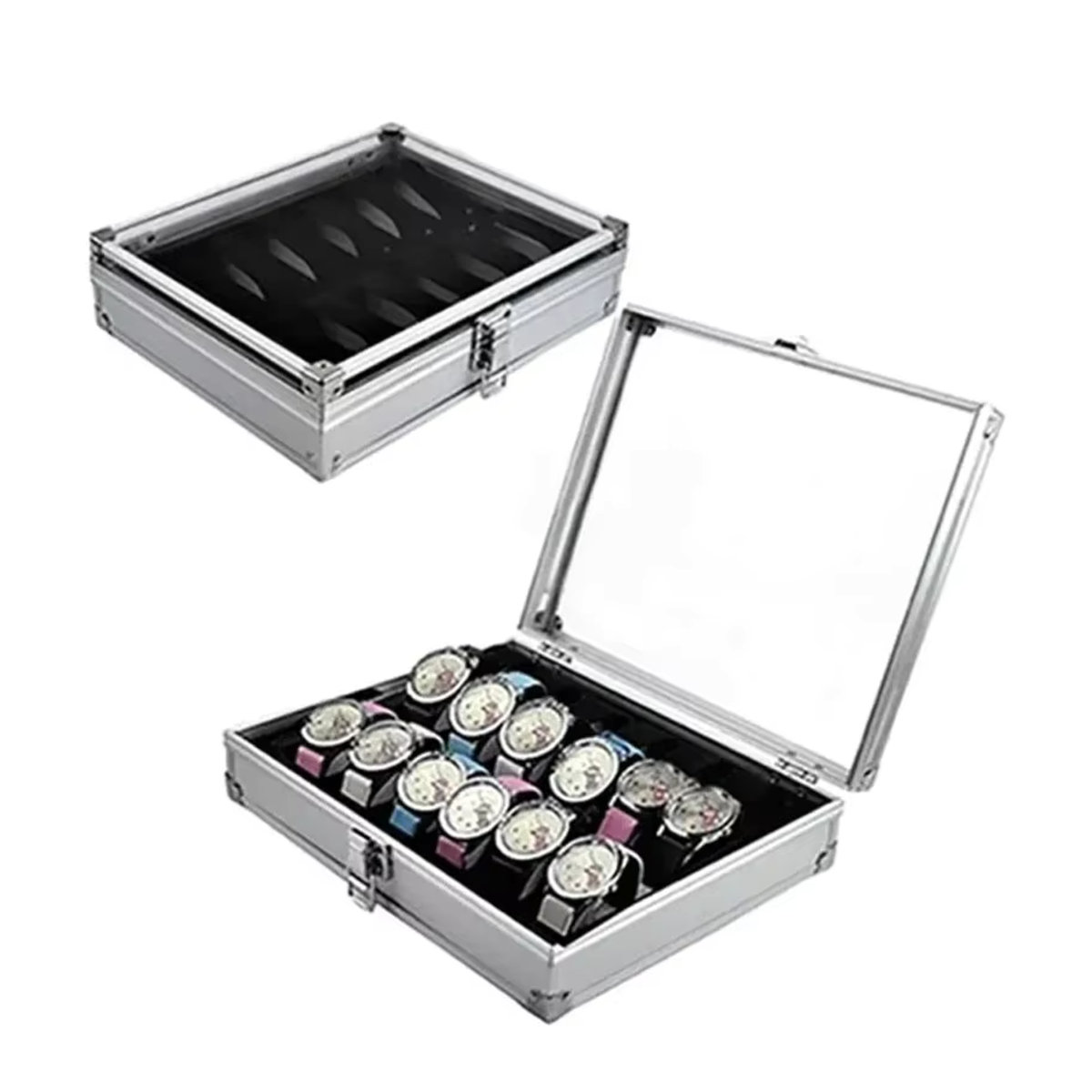 CAOWTAN Uhrenbox aus Aluminium in Silber mit 12 Gitterfächern und Wildleder-Inlay - Bild 4
