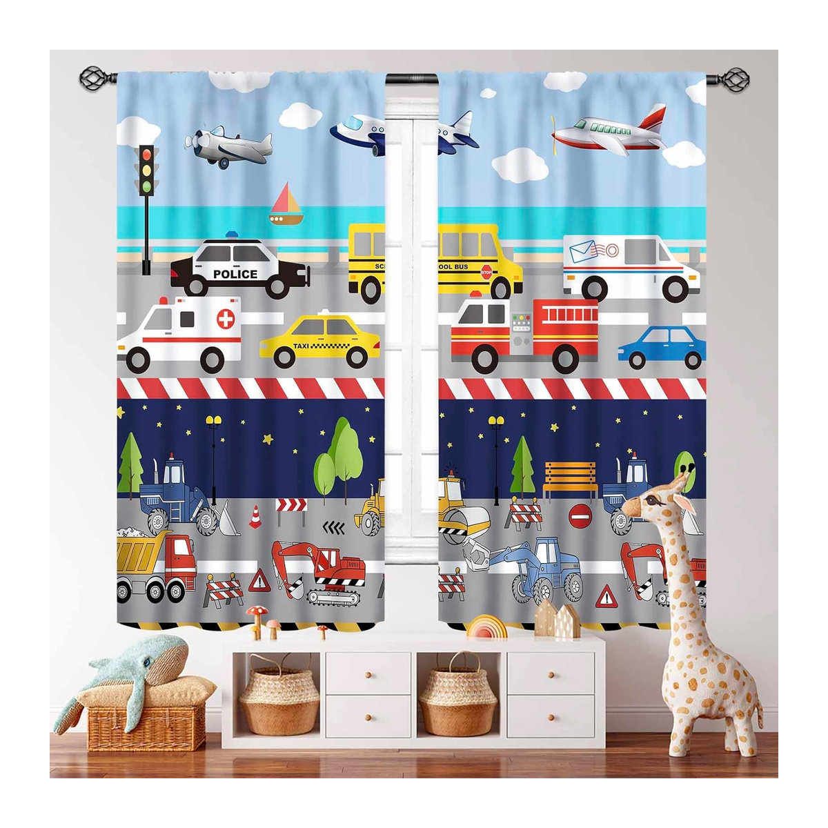 Cartoon Auto Vorhänge für das Kinderzimmer mit Bagger und Transportfahrzeug Motiv, bunt gemustert, Polyester, Breite: 100 cm, Höhe: 130 cm, 2er-Set - Bild 1