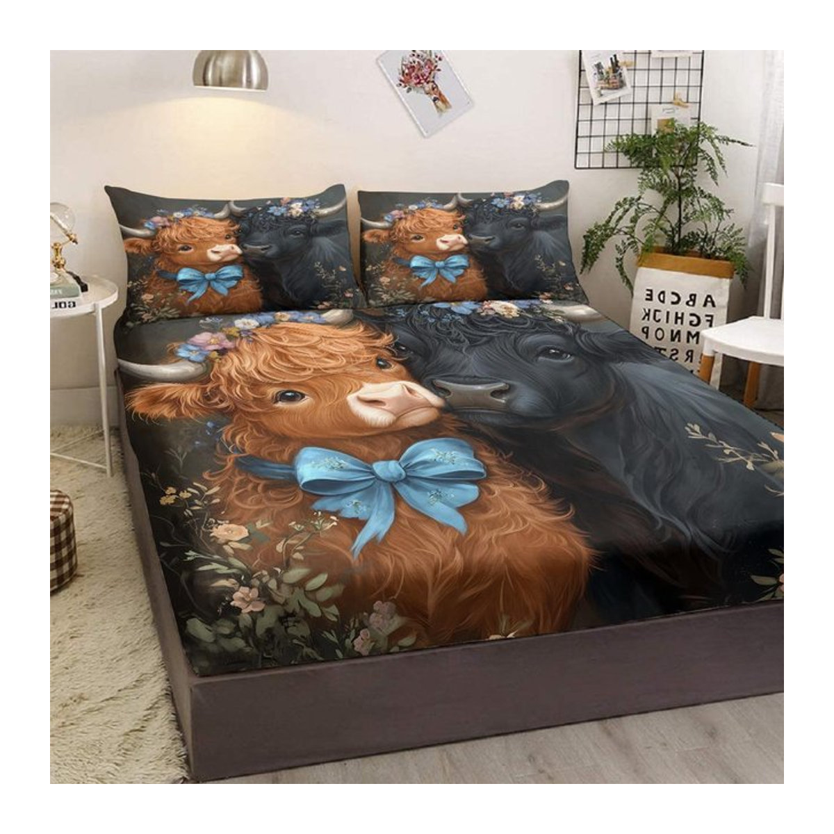 Cartoon Bettwäsche Set mit langhaariger Kuh und 2 Kissenbezügen, 3-teilig, B: 99 cm, L: 199 cm - Bild 1