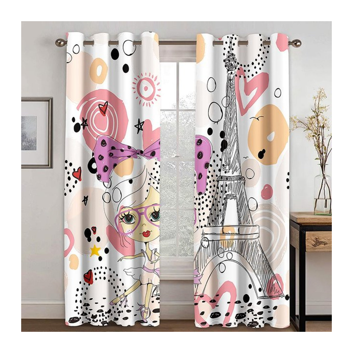 Cartoon Doodle Vorhang mit Londoner Kultur Motiv für Schlafzimmer und Wohnzimmer, halbtransparent, Multicolor, B: 100 cm, H: 160 cm - Bild 1
