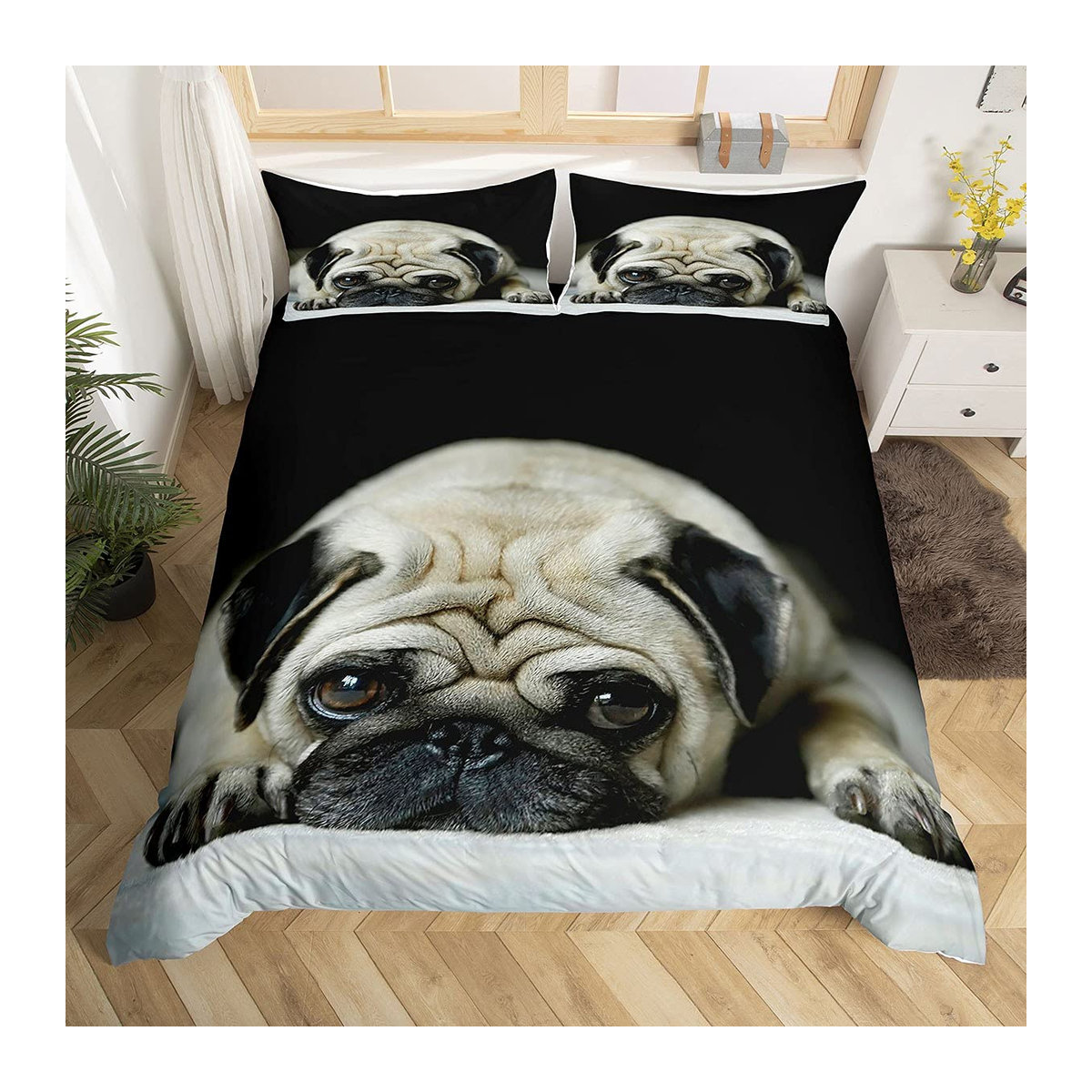 Cartoon Mops Bettwäscheset mit Kissenbezügen für Kinder und Jugendliche, weiches Bettbezug Set mit Reißverschluss, Breite: 135 cm, Länge: 200 cm - Bild 1