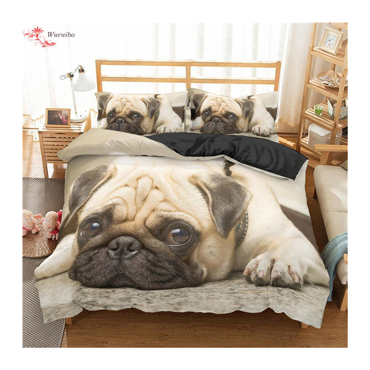 Cartoon Mops Bettwäscheset mit Kissenbezügen für Kinder und Jugendliche, weiches Bettbezug Set mit Reißverschluss, Breite: 135 cm, Länge: 200 cm - Bild 2