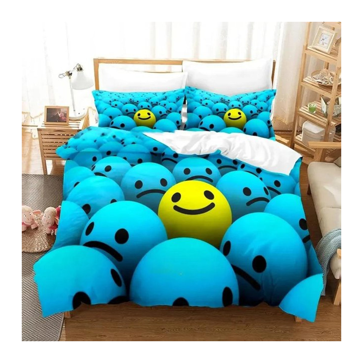 Cartoon Smiley Bettwäsche-Set mit Reißverschluss in Blau, B/H: 135 x 200 cm - Bild 1
