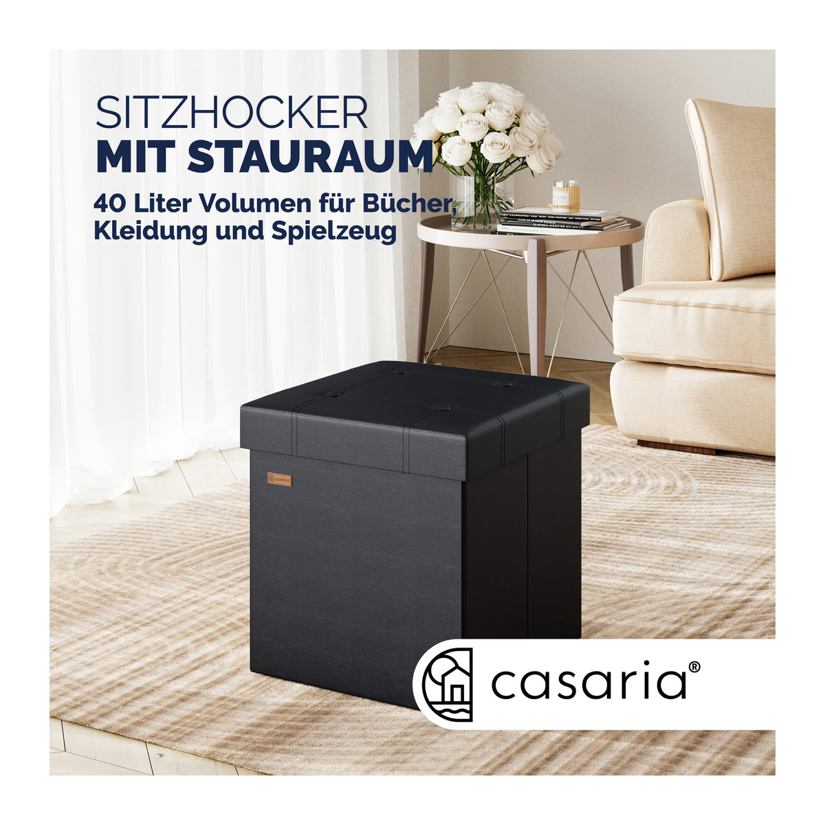 Casaria Sitzhocker 2er-Set in Schwarz aus Kunstleder und Holzwerkstoff, B/T/H: 38 x 38 x 38 cm - Bild 2