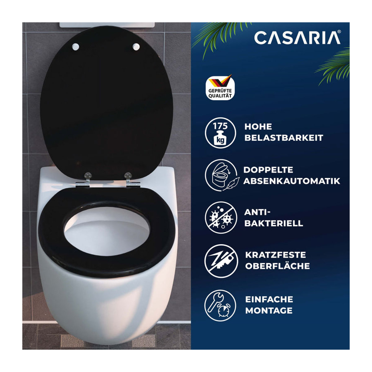 CASARIA Toilettensitz mit Absenkautomatik in Schwarz aus Holzwerkstoff und Edelstahl mit B/T: 45,7 x 45,7 cm - Bild 2