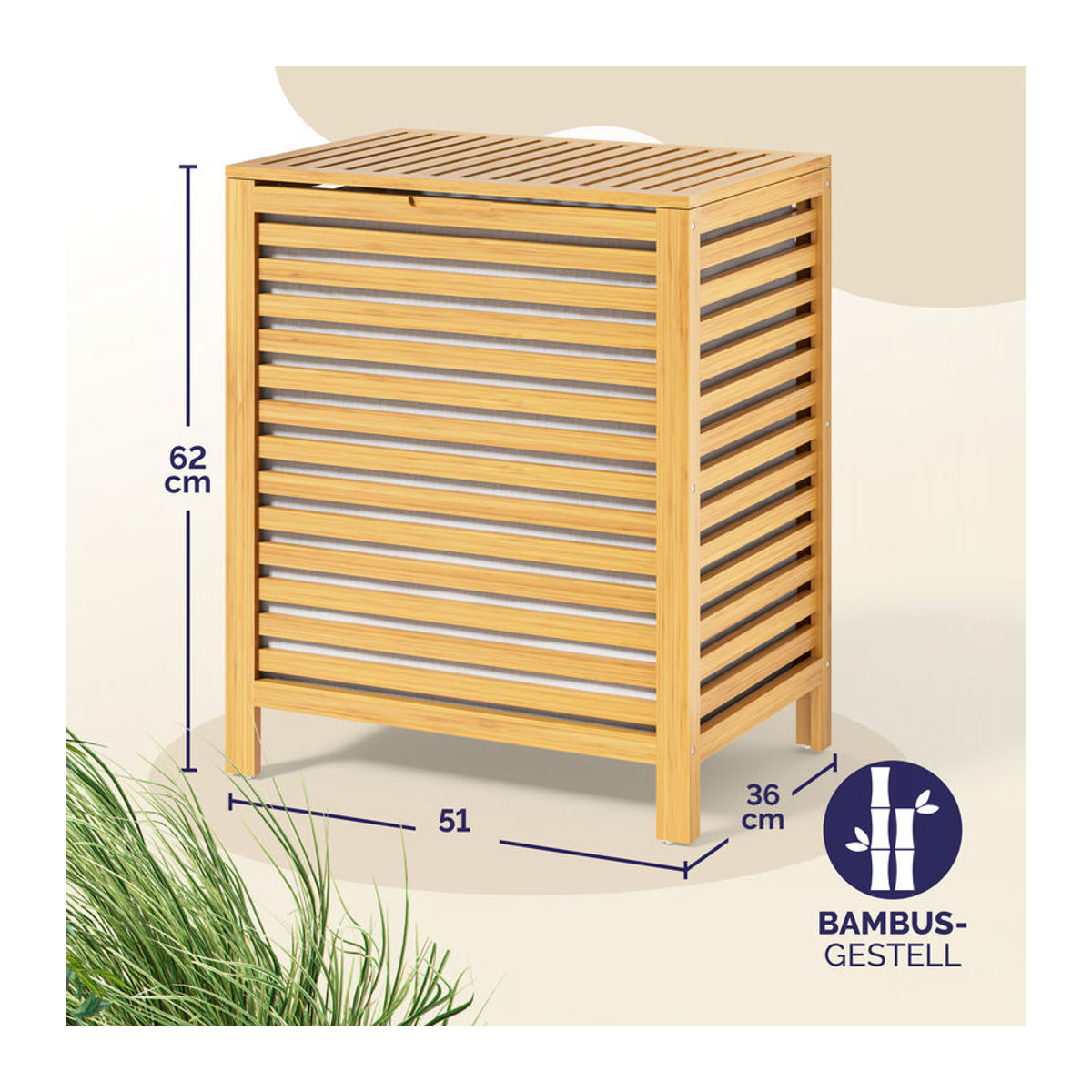CASARIA Wäschekorb aus Bambus mit herausnehmbarem Baumwoll-Wäschesack 62L in Natur/Braun - Bild 2
