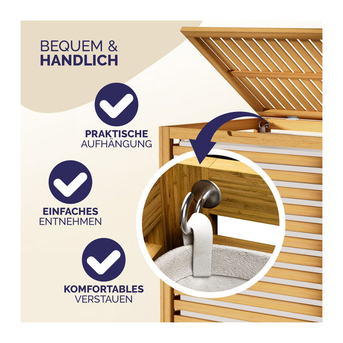 CASARIA Wäschekorb aus Bambus mit herausnehmbarem Baumwoll-Wäschesack 62L in Natur/Braun - Bild 3