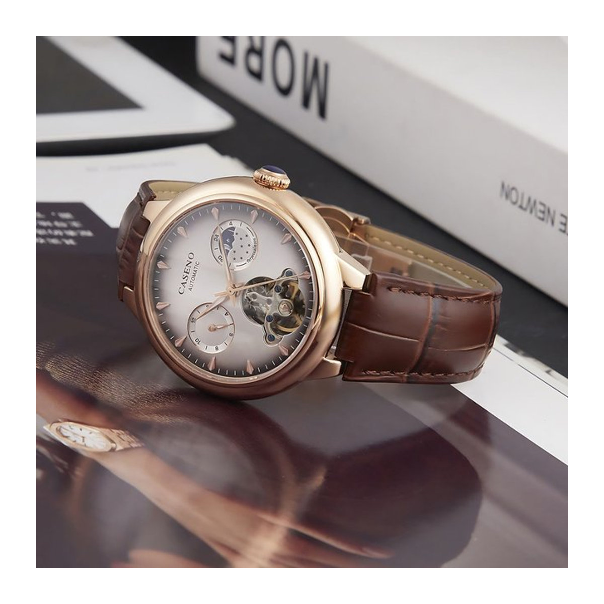 Caseno Herrenarmbanduhr mechanisch analog mit Tourbillon und Nachtlicht in Schwarz und Braun aus Metall - Bild 1