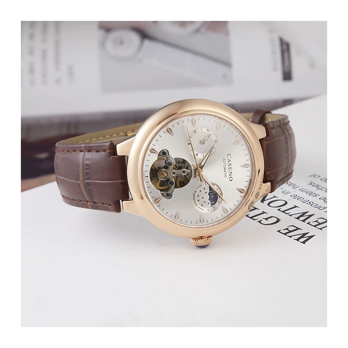 Caseno Herrenarmbanduhr mechanisch analog mit Tourbillon und Nachtlicht in Schwarz und Braun aus Metall - Bild 2
