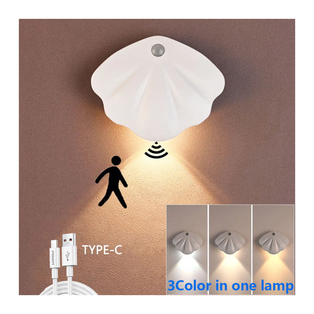 CENSHION LED Nachtlicht mit Bewegungssensor in Schalenform, USB Typ C wiederaufladbar, minimalistisches Design für Schlafzimmer, Korridor und Treppe - Bild 1