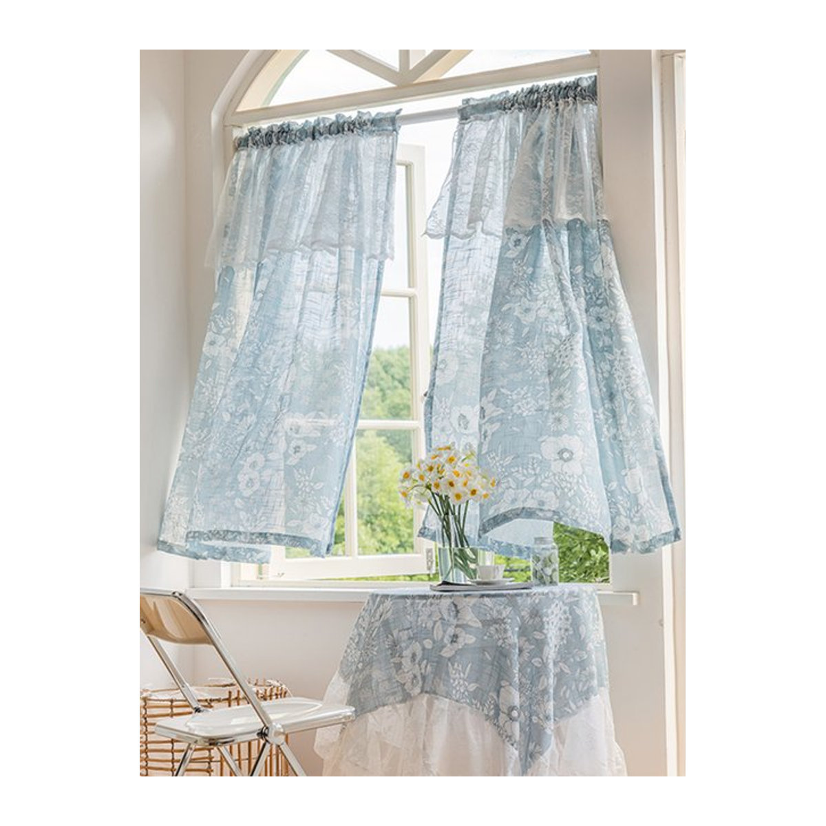 CENTURyMiG Kurzvorhang Blau Sheer Sonnenschutz für Erkerfenster mit Stange - Bild 1