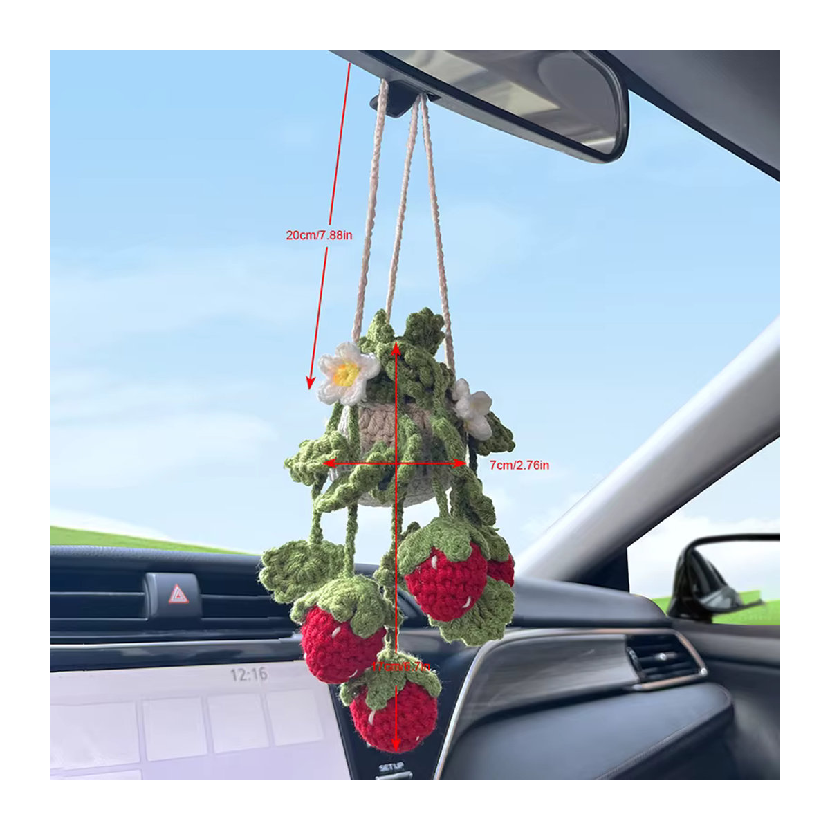 CHEGES Hängender Erdbeere Häkelkorb als Auto Ornament im Bohemian Stil, mehrfarbig - Bild 3