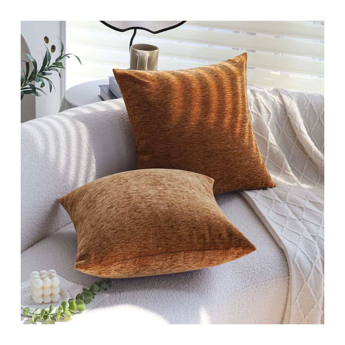 Chenille-Kissenbezug von CANIRICA in Orange und Braun für dein Sofa oder Wohnzimmer - Bild 3