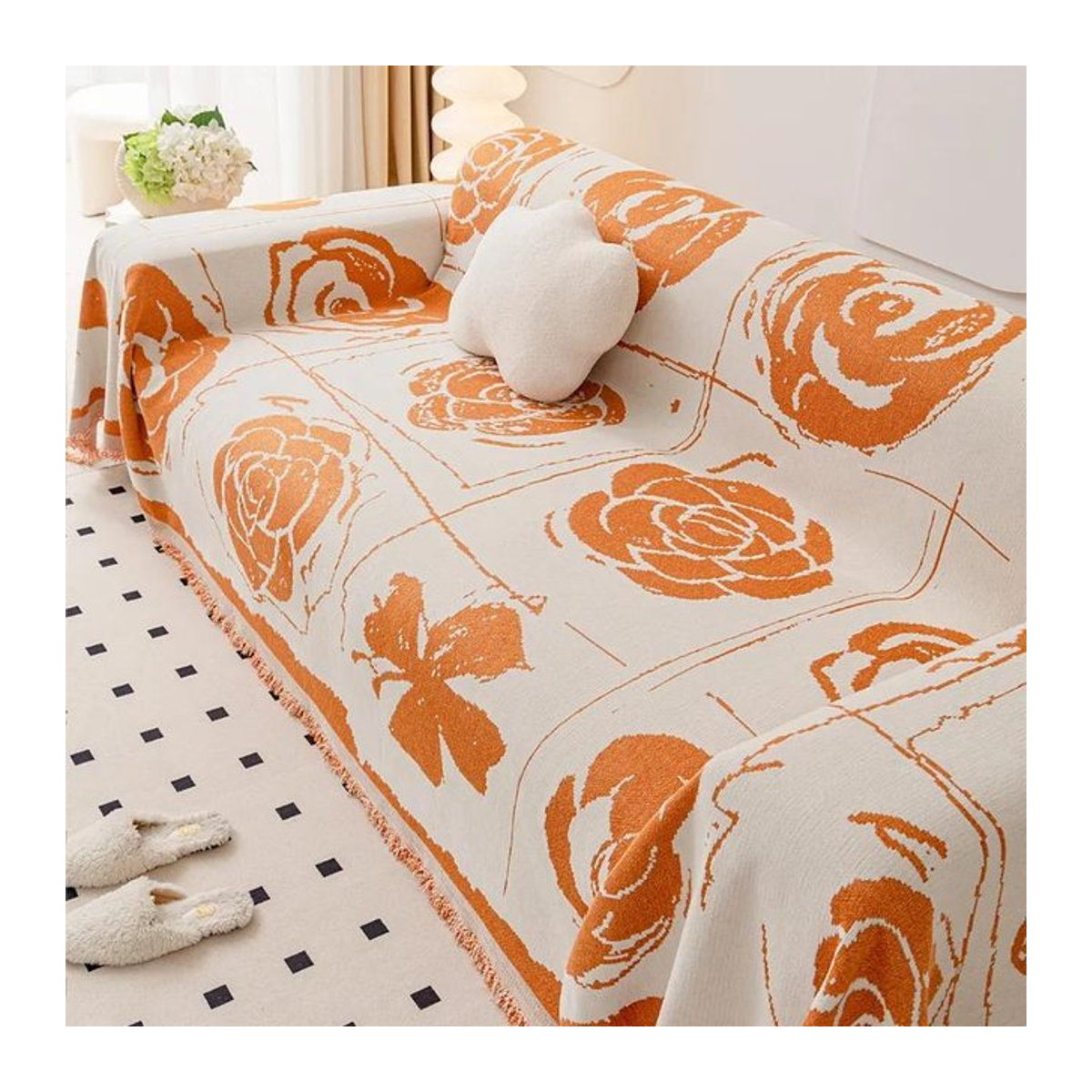 Chenille-Sofabezug mit Quasten und Blumen-Jacquard-Muster, rutschfest und staubdicht, B/B: 180 x 130 cm - Bild 1