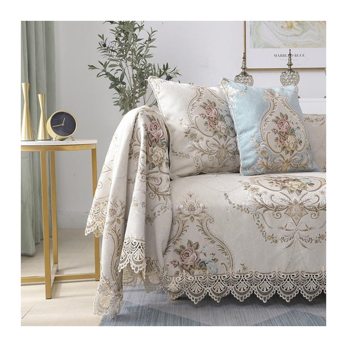 Chenille-Sofabezug mit Spitze im europäischen Stil von Your Warm Home, staubdichter Schutz für dein Sofa, B/H: 180 x 200 cm - Bild 1