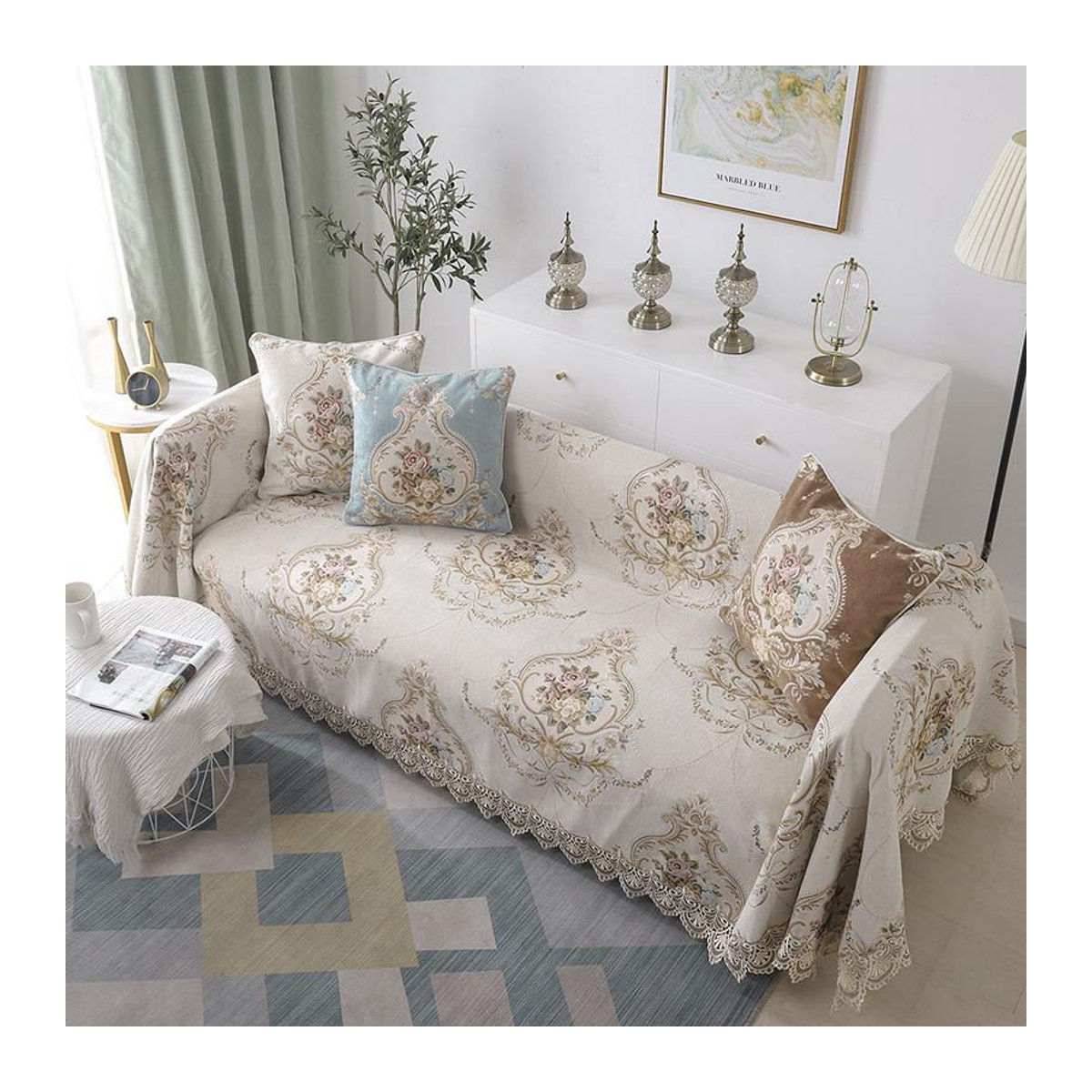 Chenille-Sofabezug mit Spitze im europäischen Stil von Your Warm Home, staubdichter Schutz für dein Sofa, B/H: 180 x 200 cm - Bild 3