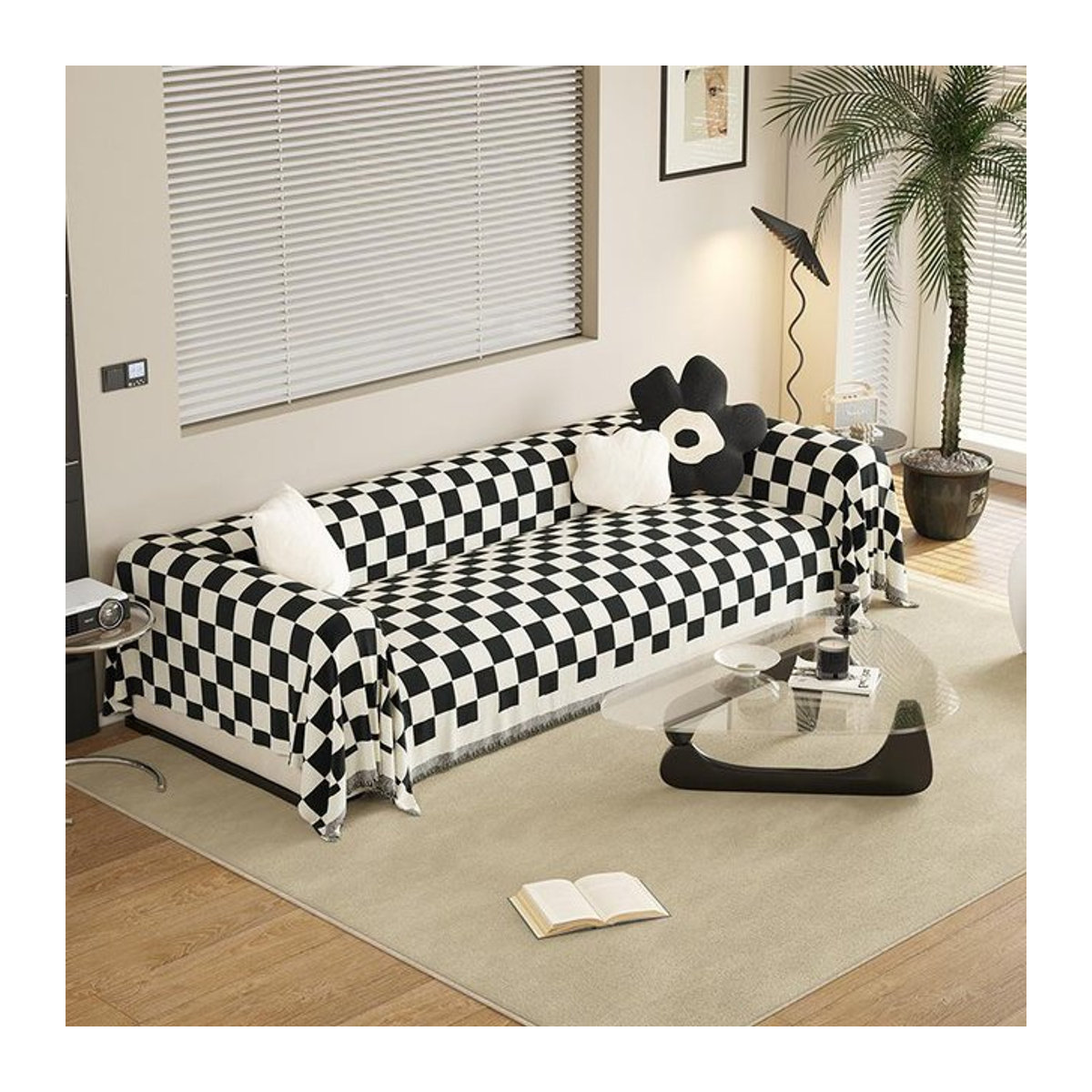 Chenille Sofakissen mit Schwarz-Weiß-Schachbrett-Karo als dekorativer Sofabezug, Breite: 180 cm, Höhe: 130 cm - Bild 1
