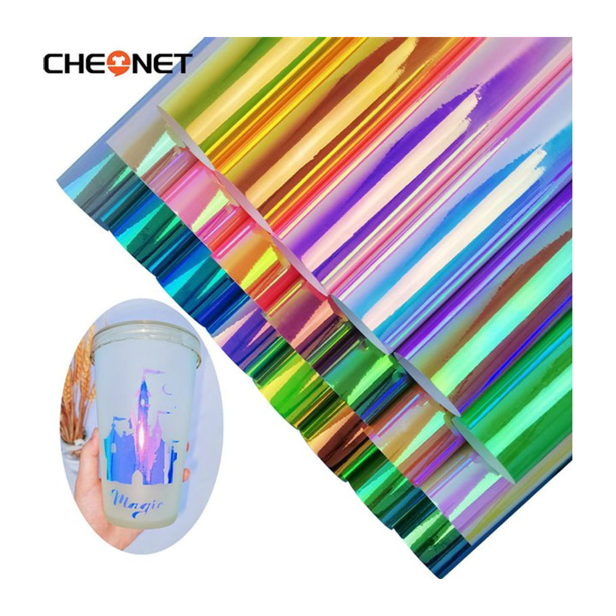 CHEONET Selbstklebendes Vinyl in Holographischem Regenbogen-Farbverlauf für Bastelarbeiten und Dekoration, Mehrfarbig - Bild 1