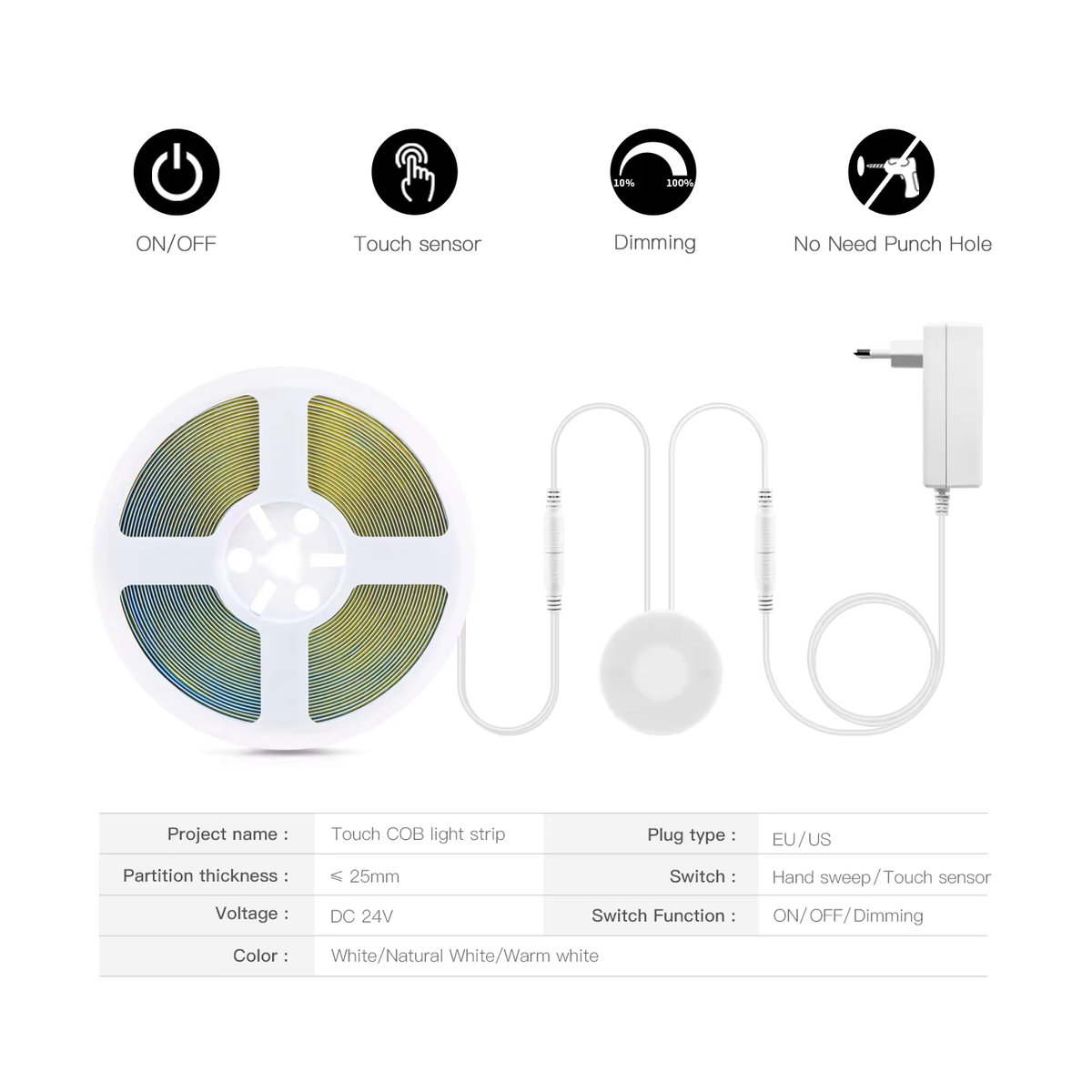 CHNAITEKE COB LED Streifen Set mit 24V Touch Dimmer und Hand Sweep Sensor, 10m Länge, 120 LEDs/m, Warmweiß/Naturweiß/Weiß - Bild 2
