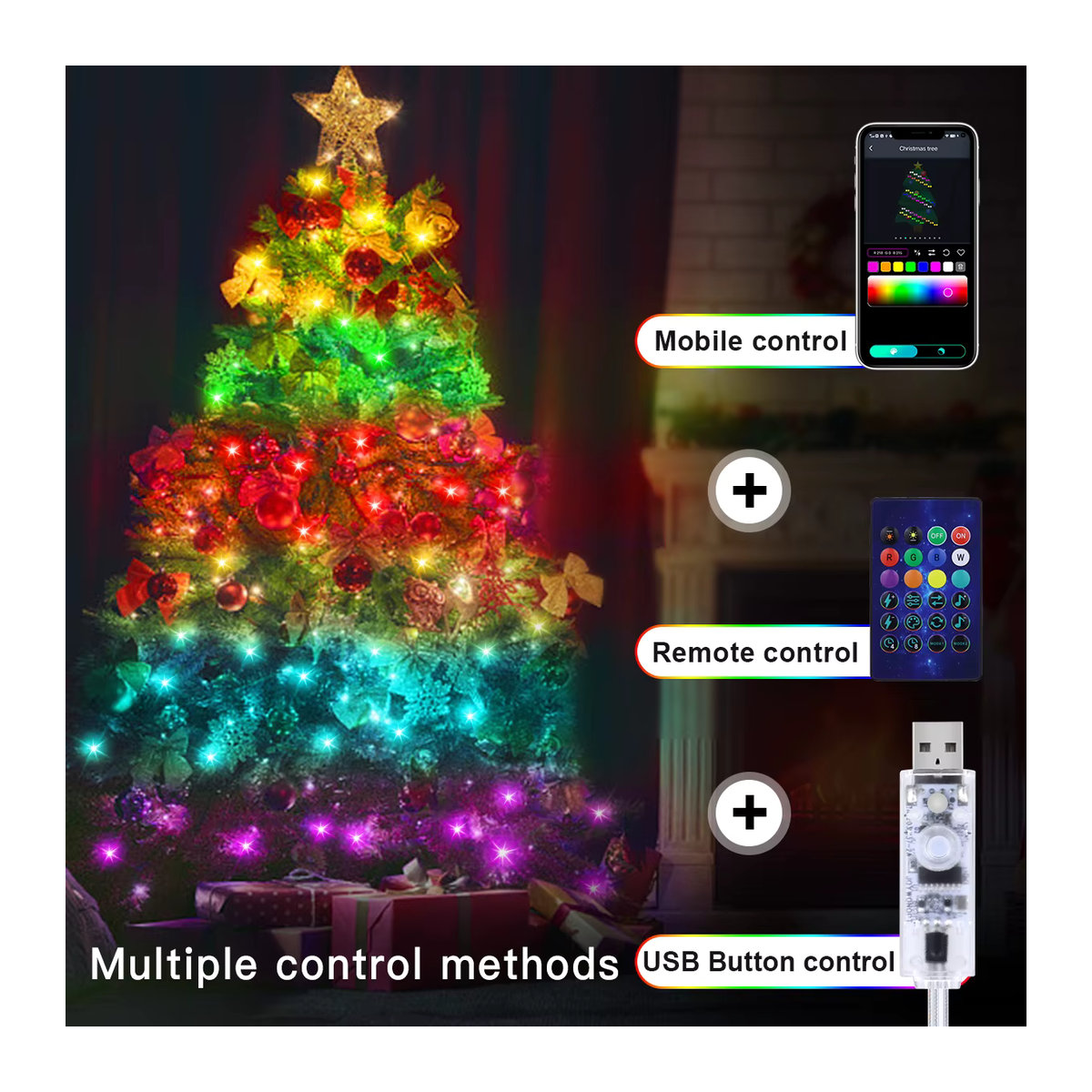CHNAITEKE Smart WS2812B RGBIC USB LED Streifen mit Bluetooth App-Steuerung, adressierbare Schnurbeleuchtung für Weihnachtsbaum und dekorative Vorhänge - Bild 5