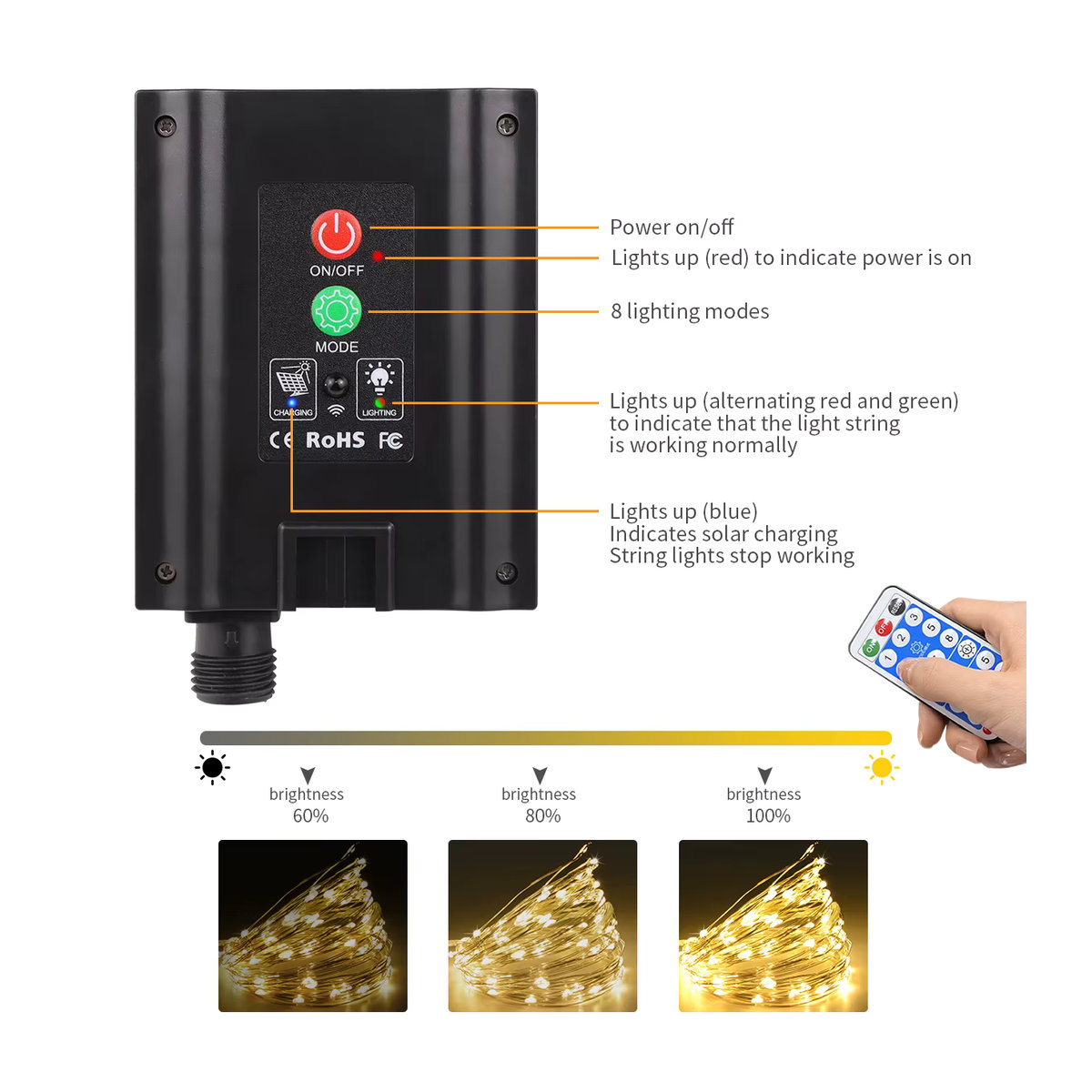 CHNAITEKE Solar LED Lichterkette aus Kupferdraht mit 8 Modi, Wasserdichte Solarlampe in Bunt für Garten und Outdoor - Bild 5