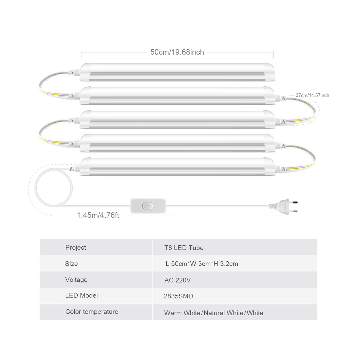 CHNAITEKE T8 LED-Röhrenleuchte in Weiss, 25 W, 50 cm, flimmerfreie LED-Leiste für Büro, Haus und Küche - Bild 2