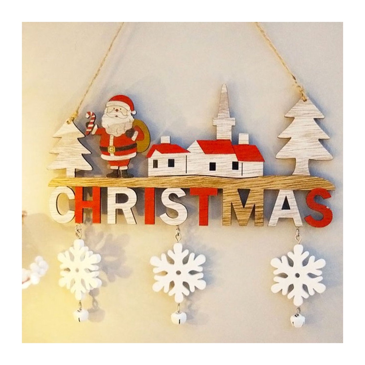 Chouchouter Weihnachts-Türanhänger aus Holz mit Santa Claus und Schneeflocken in Rot und Mehrfarbig für Landhaus-Dekoration - Bild 1
