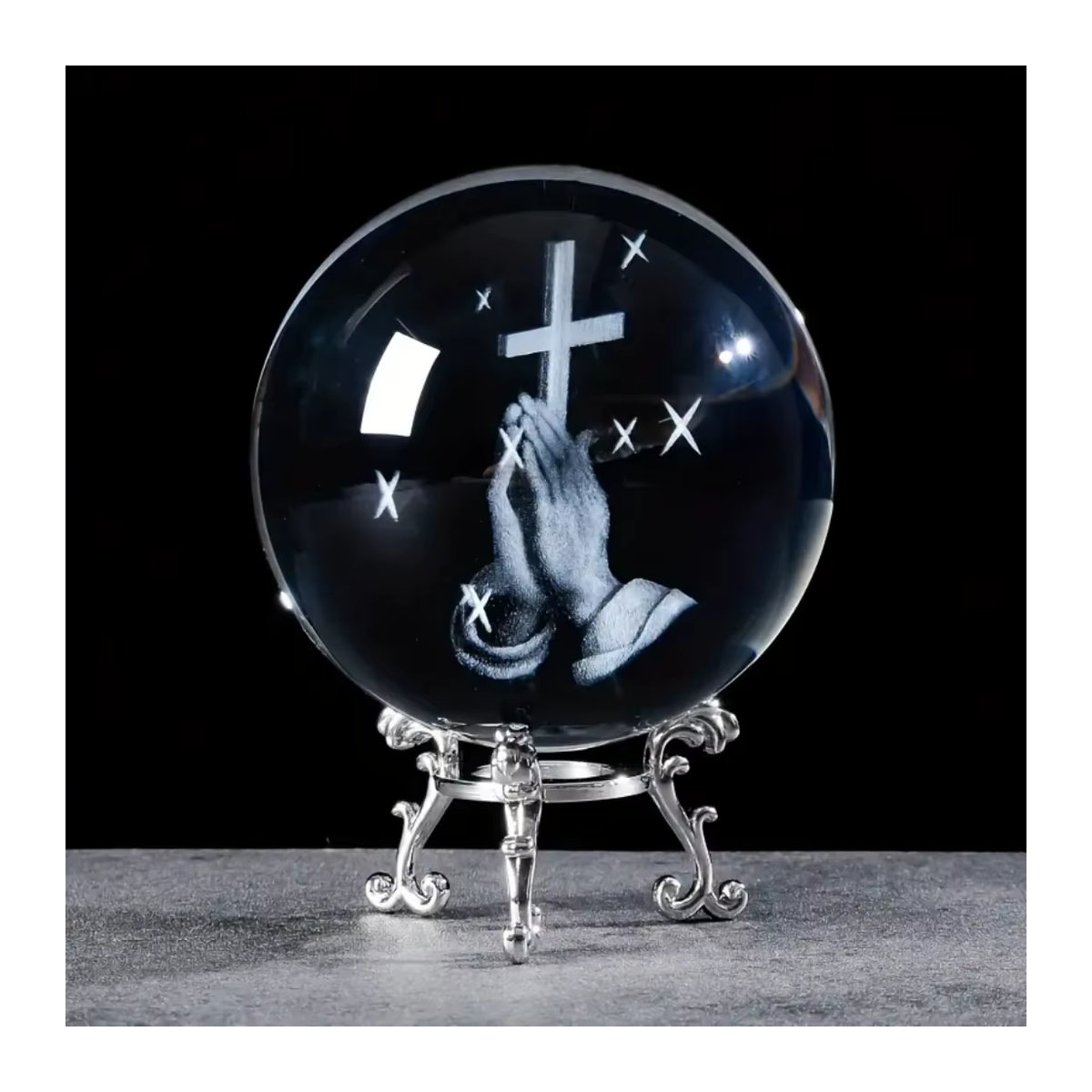Christia 3D-Kristallkugel-Skulptur mit Gebet und Kreuz aus Glas in Transparent und Silber - Bild 2