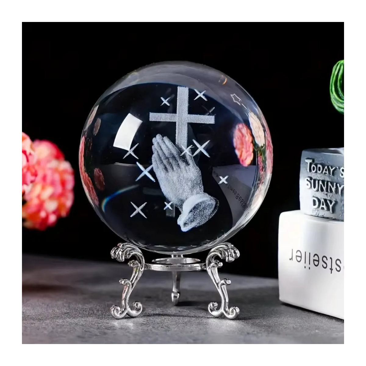 Christia 3D-Kristallkugel-Skulptur mit Gebet und Kreuz aus Glas in Transparent und Silber - Bild 6