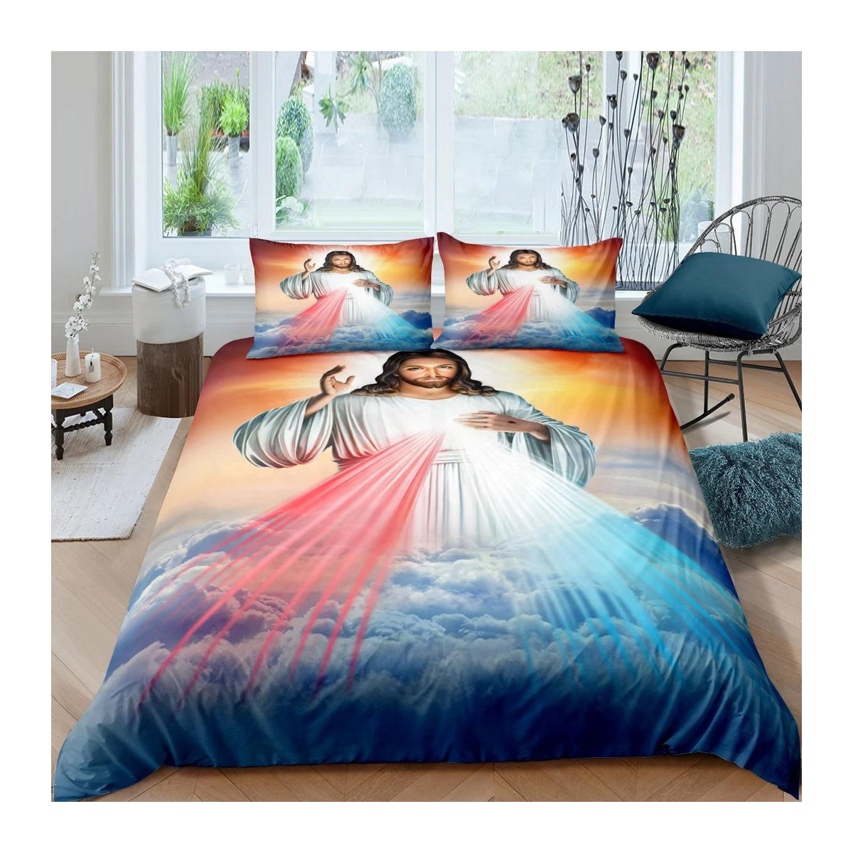 Christliches 3D Jesus Bettwäscheset mit Motiv Gott segne dich, weiches Bettbezugset für Erwachsene, B/H: 135 x 200 cm - Bild 1