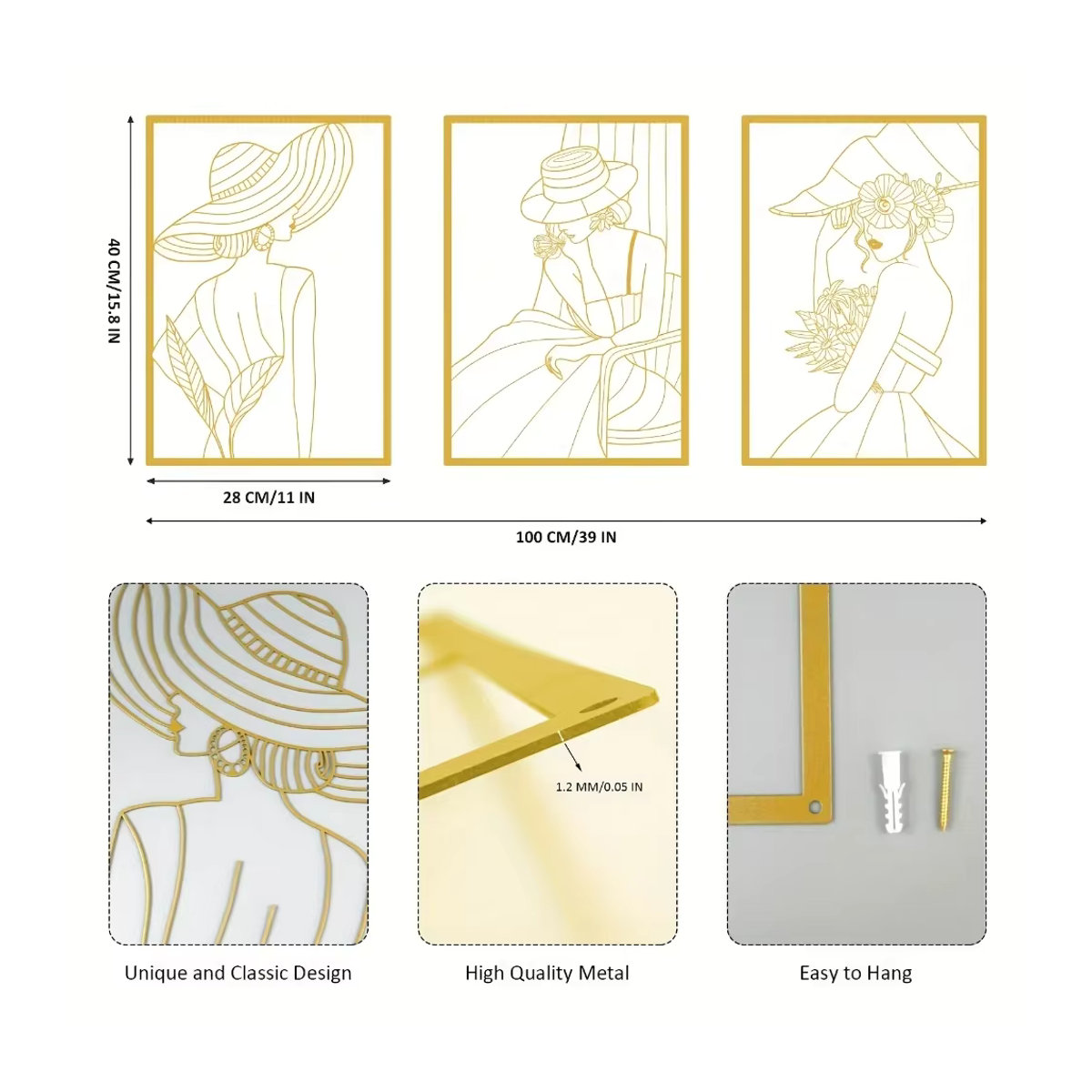 CIFBUY 3er Set Wanddekoration aus Metall in Gold im Vintage-Stil für moderne Wohnräume - Bild 1