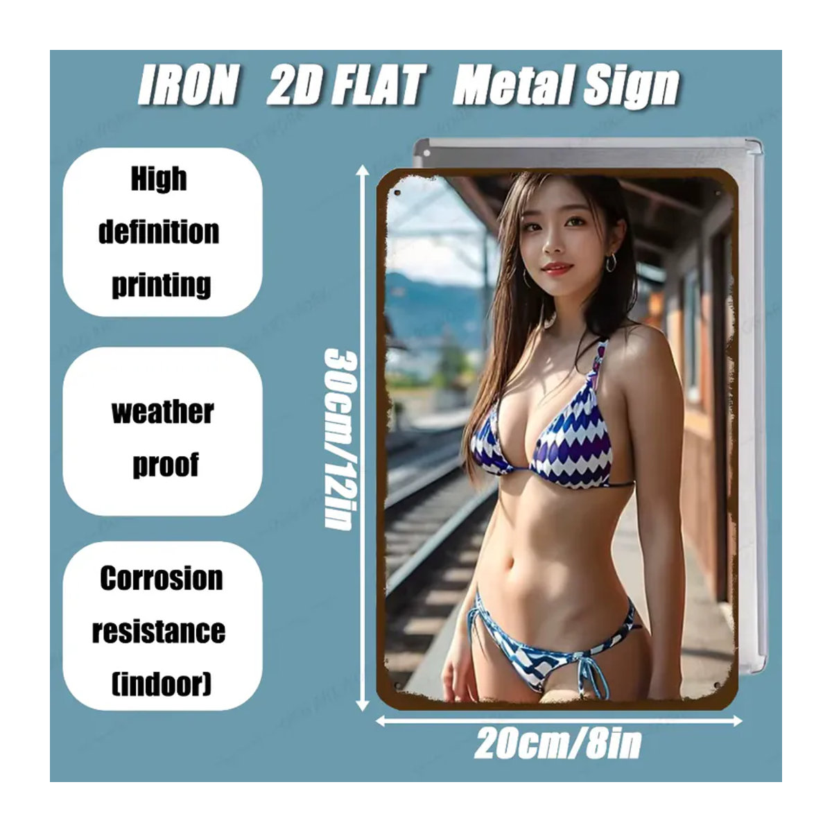 CIFBUY Bikini Girl Train Station Metallschild, Vintage Wanddekoration mit Porträt, mehrfarbig, B: 20,3 cm, H: 30,5 cm - Bild 4