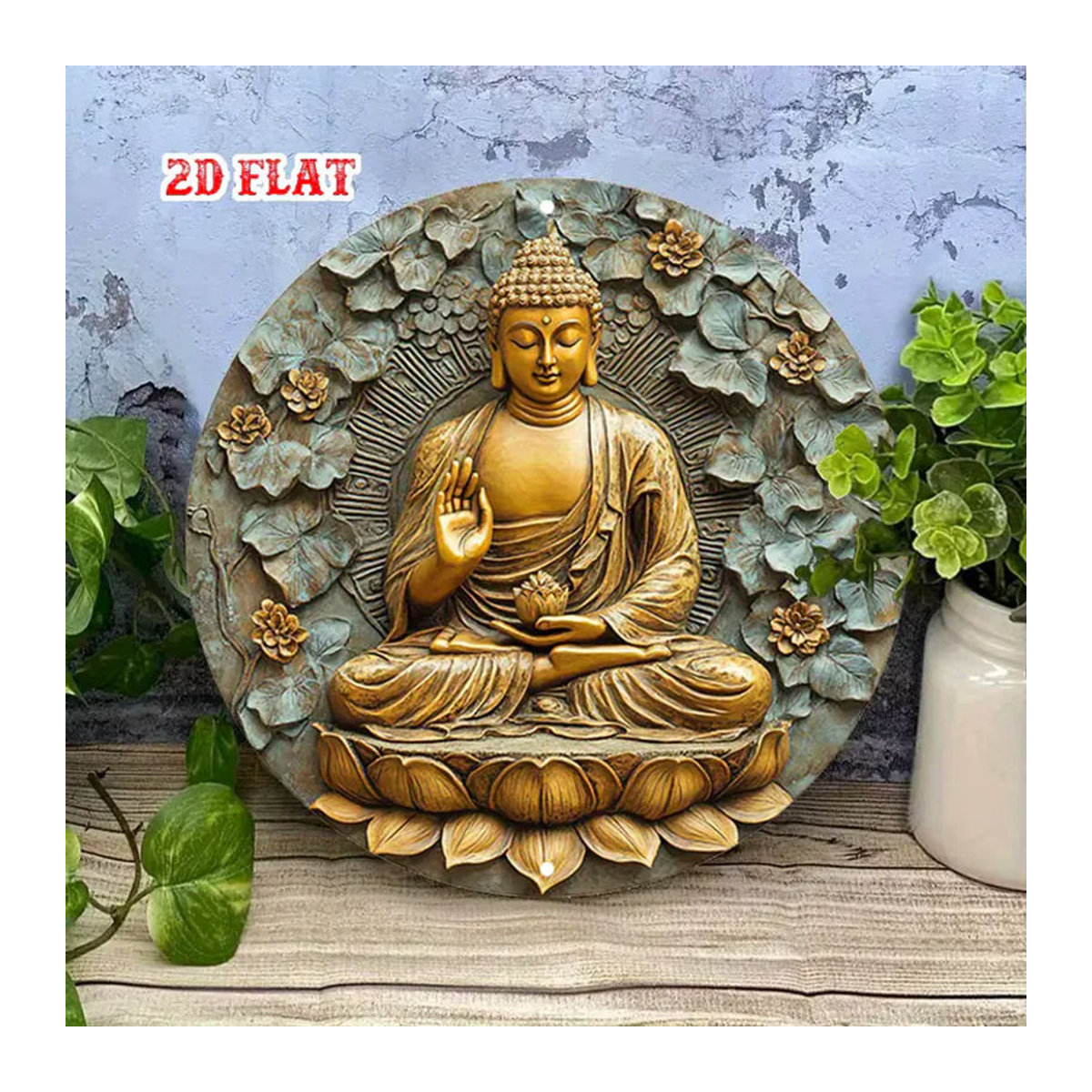 CIFBUY Buddha Meditierend Metall-Wandkunst in Gold, Runde Zen-Dekoration mit Lotus-Blumen und floralem Design im Vintage-Stil - Bild 3