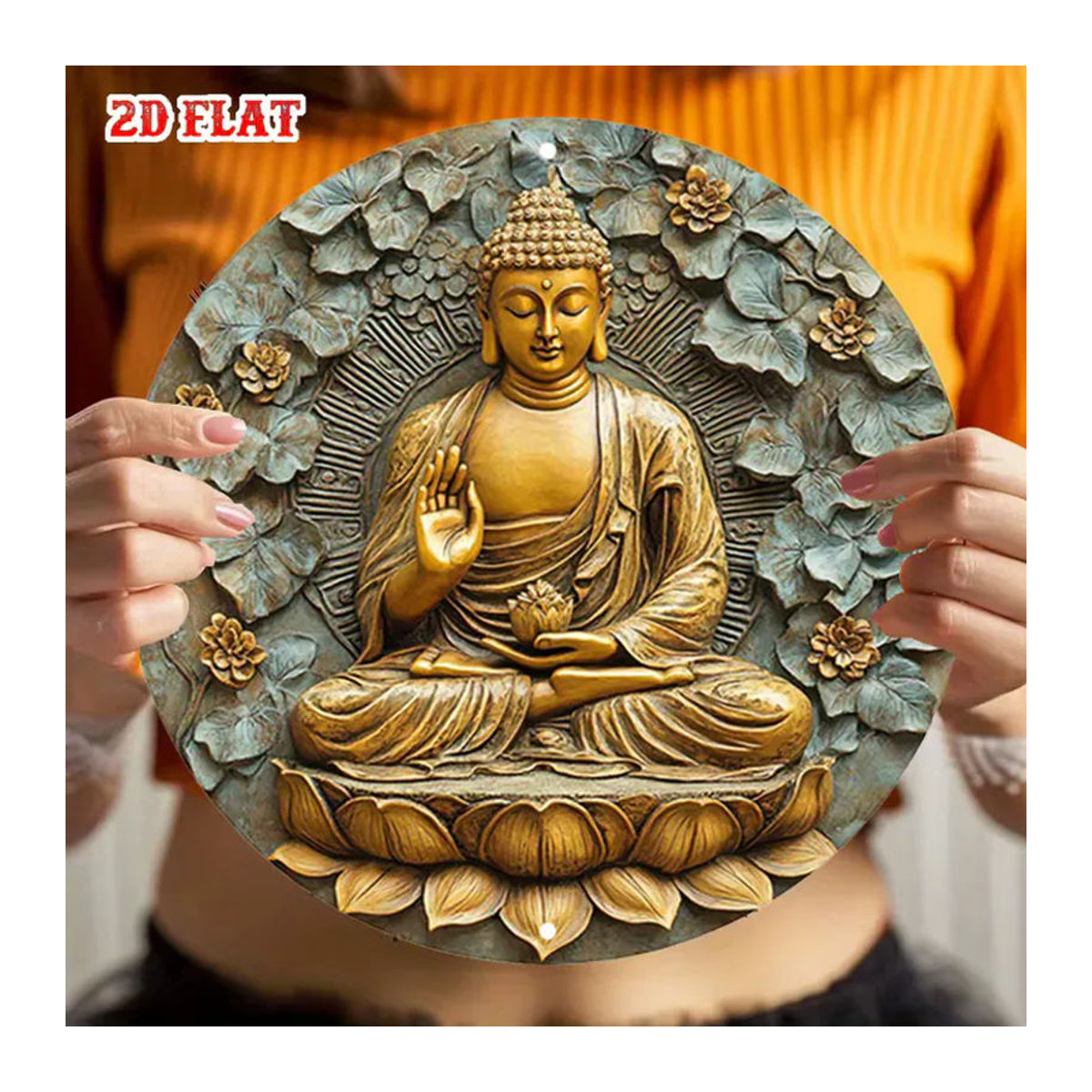 CIFBUY Buddha Meditierend Metall-Wandkunst in Gold, Runde Zen-Dekoration mit Lotus-Blumen und floralem Design im Vintage-Stil - Bild 6