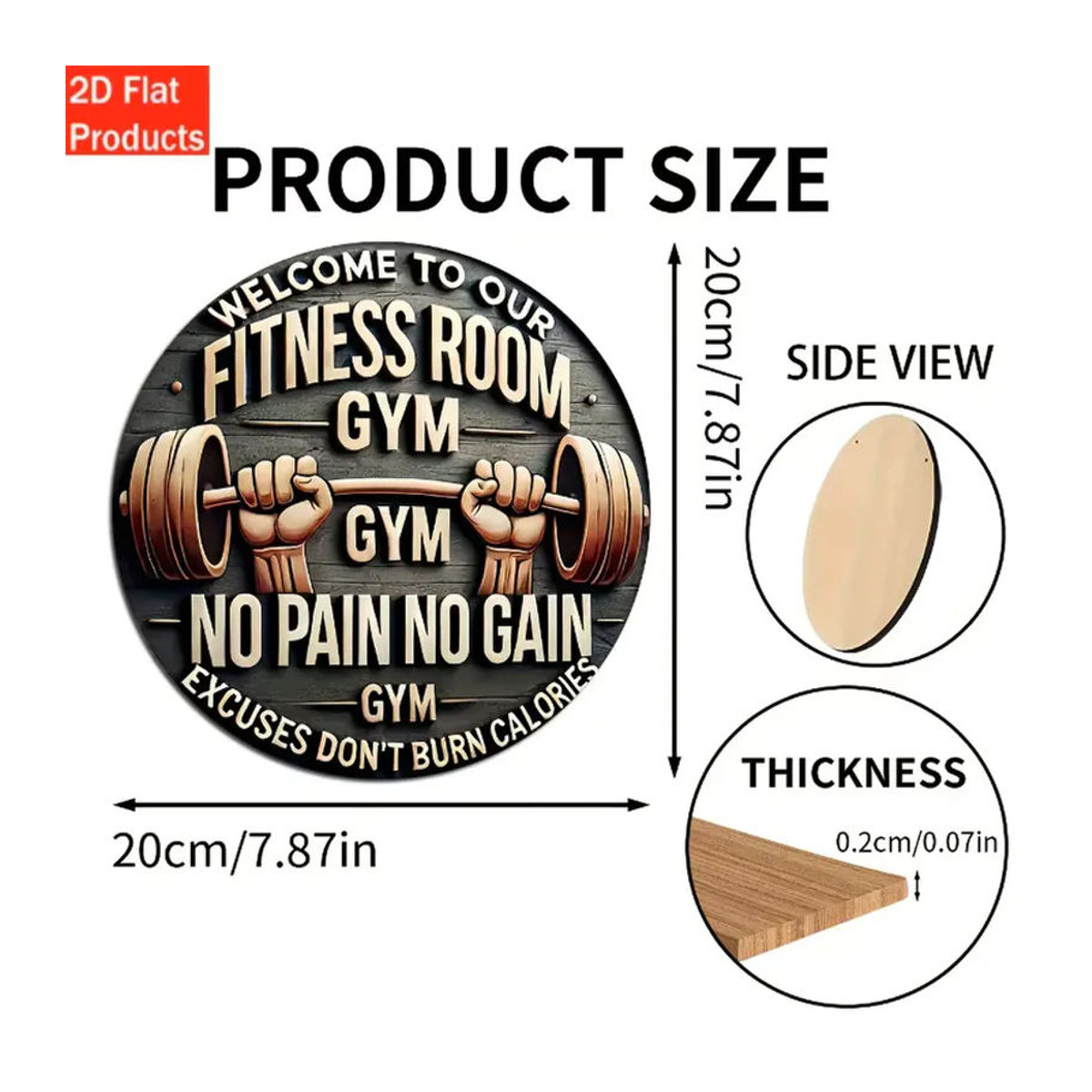 CIFBUY Holz-Fitnessplakette Kein Schmerz kein Gewinn, runde Motivationsdeko in Schwarz mit Schnur zum Aufhängen - Bild 4