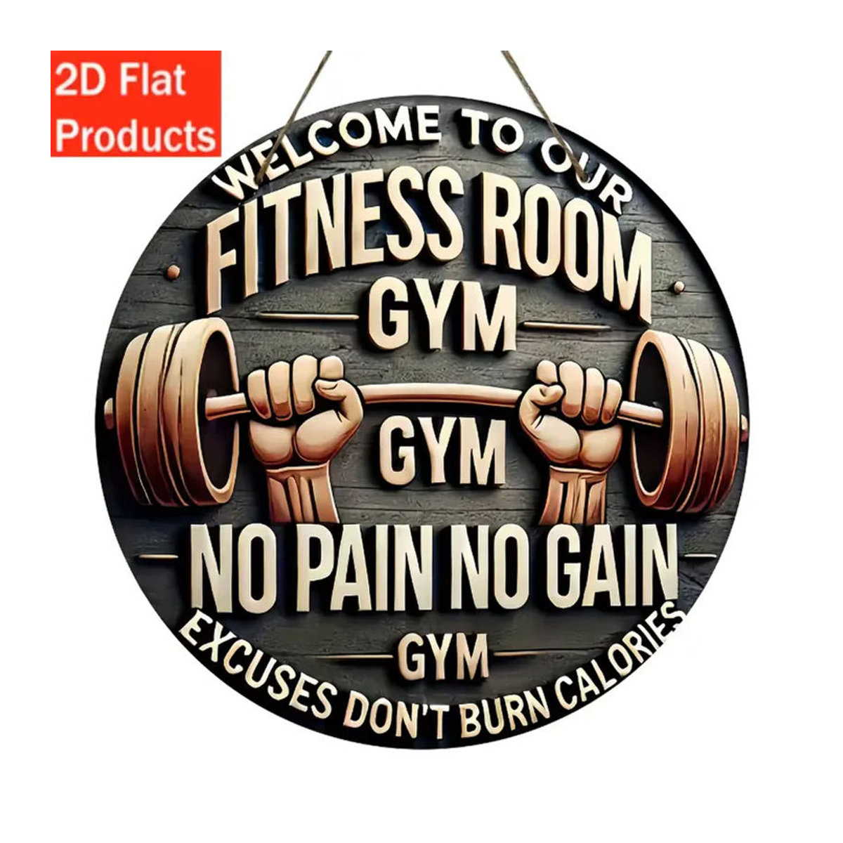 CIFBUY Holz-Fitnessplakette Kein Schmerz kein Gewinn, runde Motivationsdeko in Schwarz mit Schnur zum Aufhängen - Bild 5