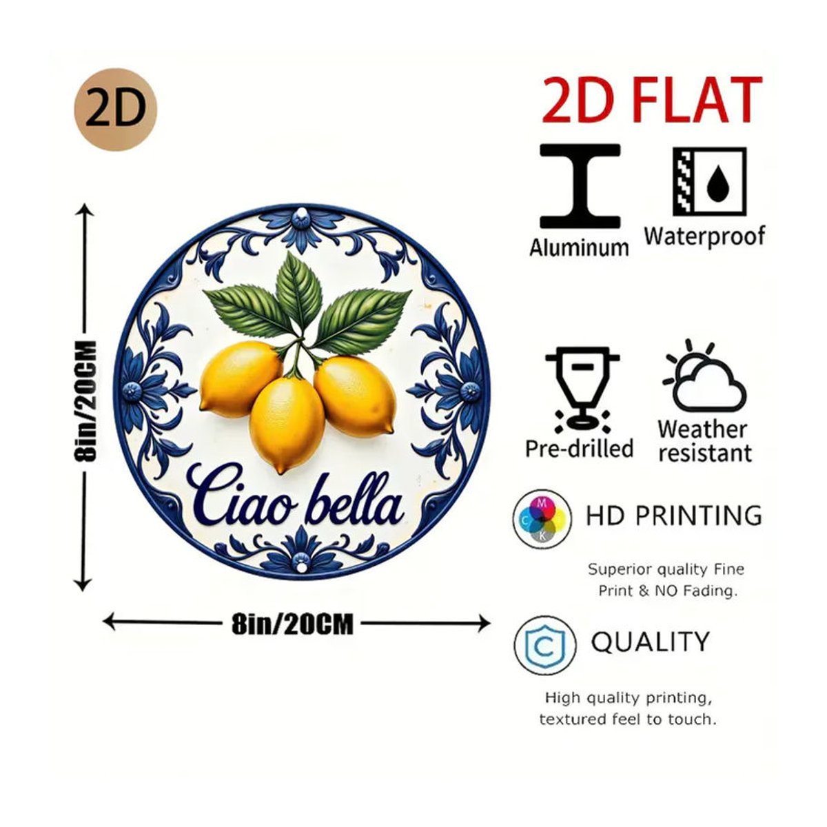 CIFBUY Keramik-Wandkunst Ciao Bella Schild mit Zitronen und Blumen in Weiß, runde Vintage Wanddekoration - Bild 2