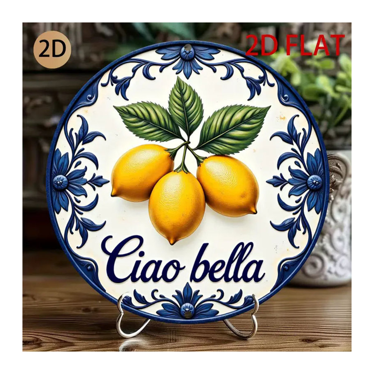 CIFBUY Keramik-Wandkunst Ciao Bella Schild mit Zitronen und Blumen in Weiß, runde Vintage Wanddekoration - Bild 3
