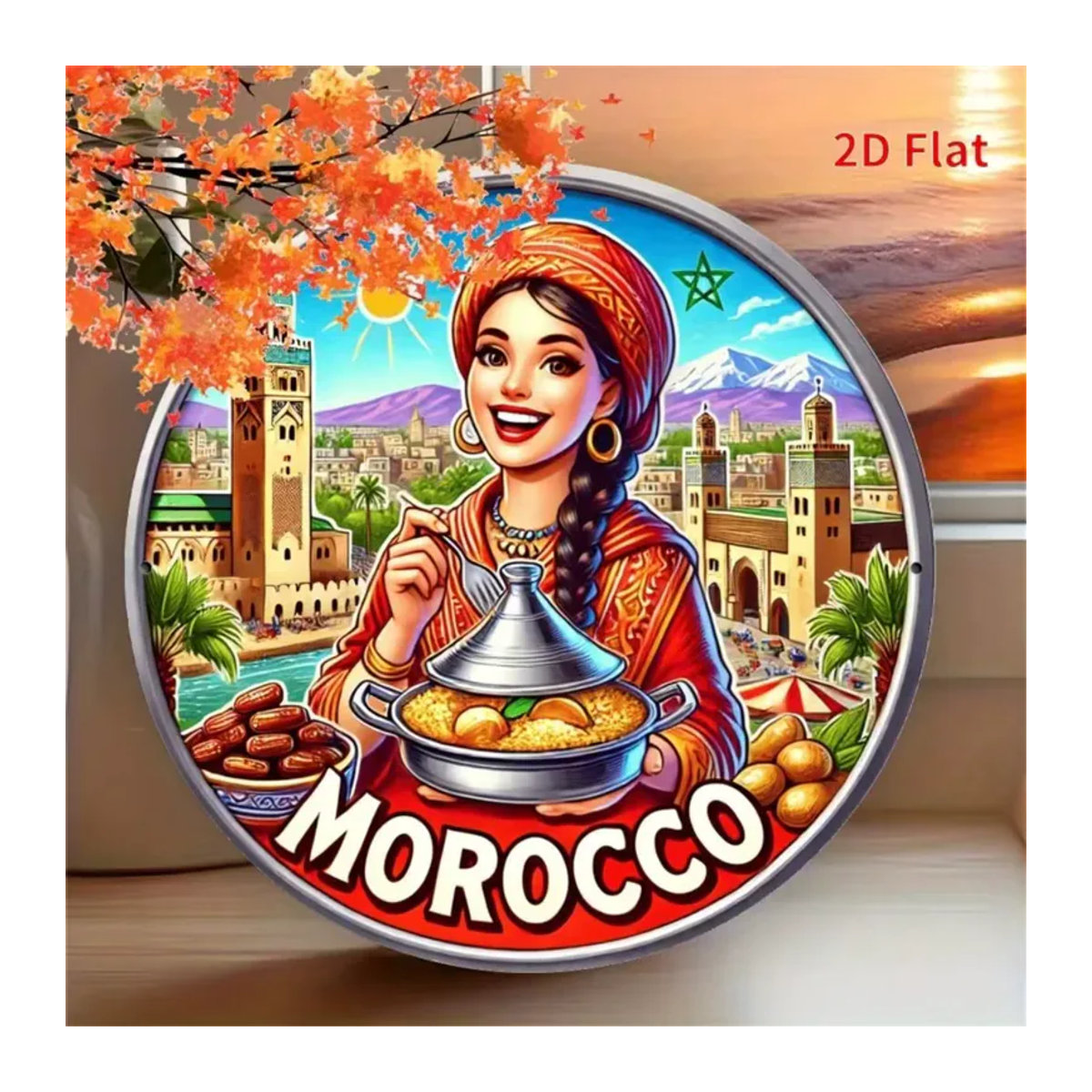 CIFBUY Marokkanische Metall-Wandkunst Vintage Frau mit Tagine-Topf und Marrakesch-Stadtlandschaft, mehrfarbig, rund - Bild 1
