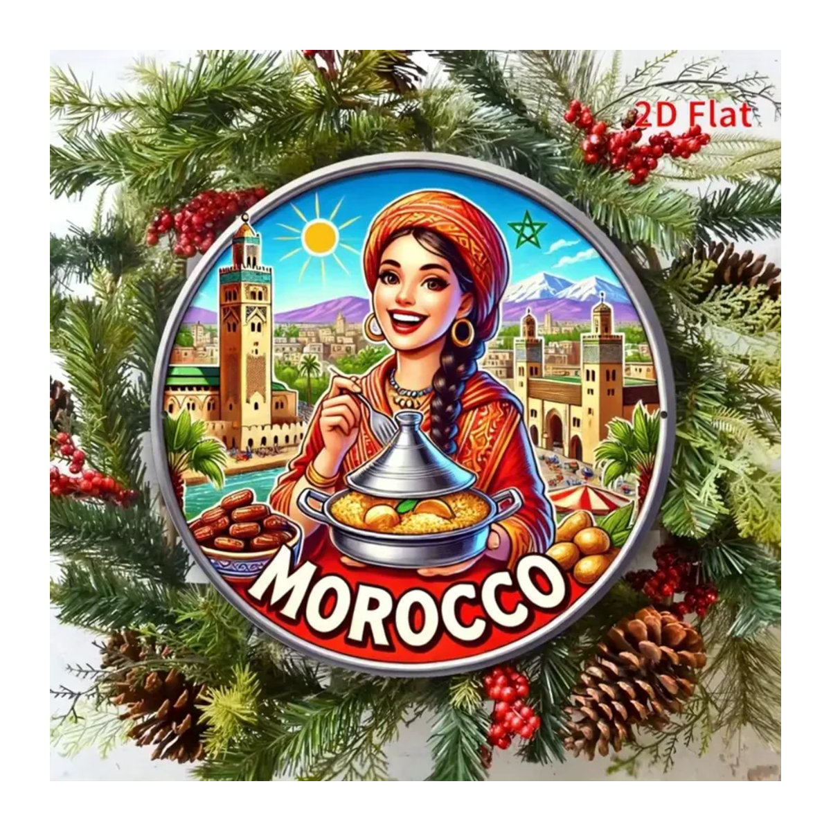 CIFBUY Marokkanische Metall-Wandkunst Vintage Frau mit Tagine-Topf und Marrakesch-Stadtlandschaft, mehrfarbig, rund - Bild 2