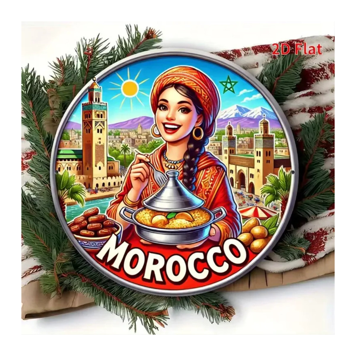 CIFBUY Marokkanische Metall-Wandkunst Vintage Frau mit Tagine-Topf und Marrakesch-Stadtlandschaft, mehrfarbig, rund - Bild 3