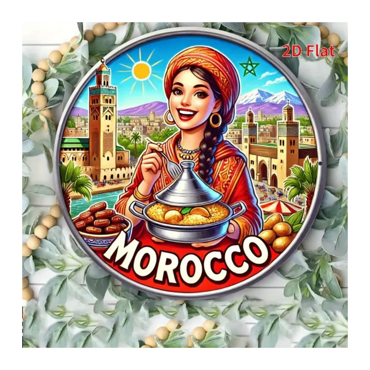 CIFBUY Marokkanische Metall-Wandkunst Vintage Frau mit Tagine-Topf und Marrakesch-Stadtlandschaft, mehrfarbig, rund - Bild 4