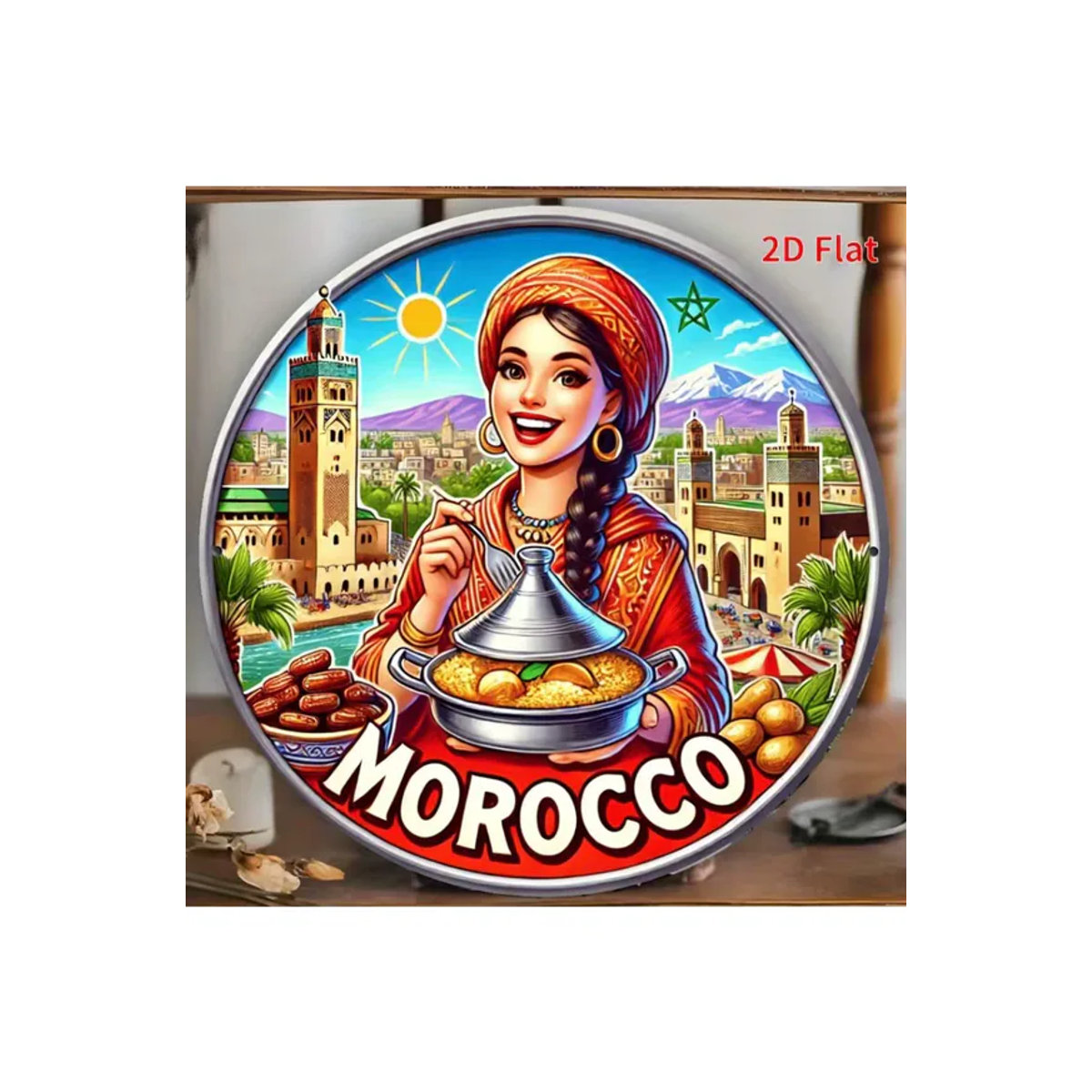 CIFBUY Marokkanische Metall-Wandkunst Vintage Frau mit Tagine-Topf und Marrakesch-Stadtlandschaft, mehrfarbig, rund - Bild 6